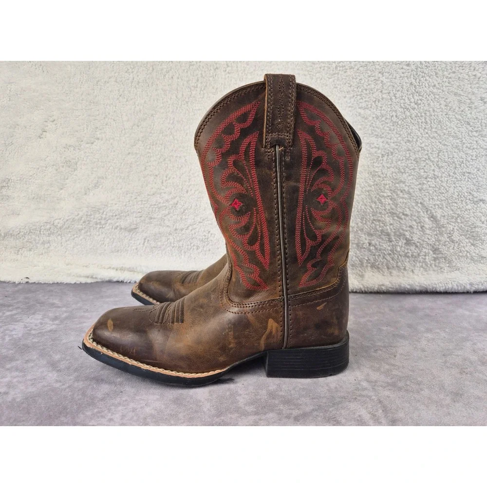 Ariat Kids Brown Leather Western Cowboy Boots Red Stitching 10004853 Size 1